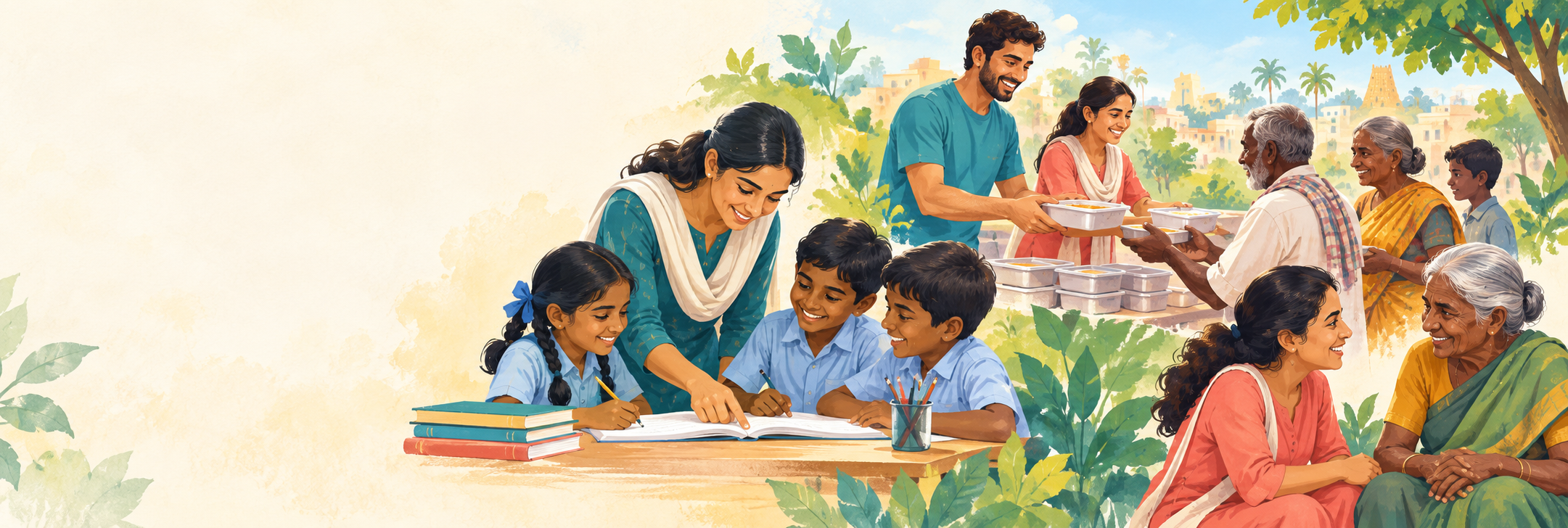 Illustration showing community support for education, meals, and older adults
